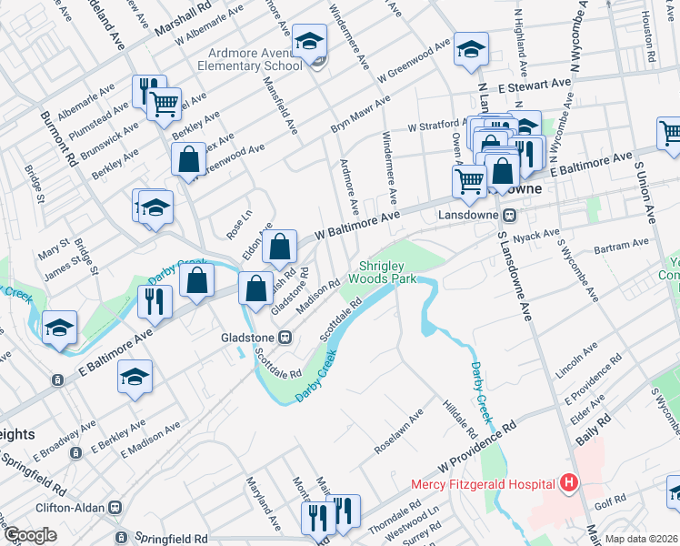 map of restaurants, bars, coffee shops, grocery stores, and more near 27 Madison Road in Lansdowne