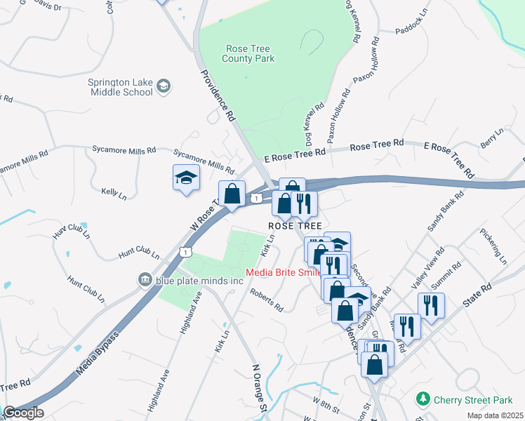 map of restaurants, bars, coffee shops, grocery stores, and more near 1400 North Providence Road in Media