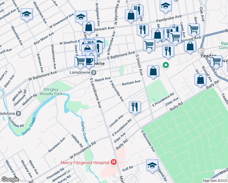 map of restaurants, bars, coffee shops, grocery stores, and more near 54 Linden Avenue in Lansdowne