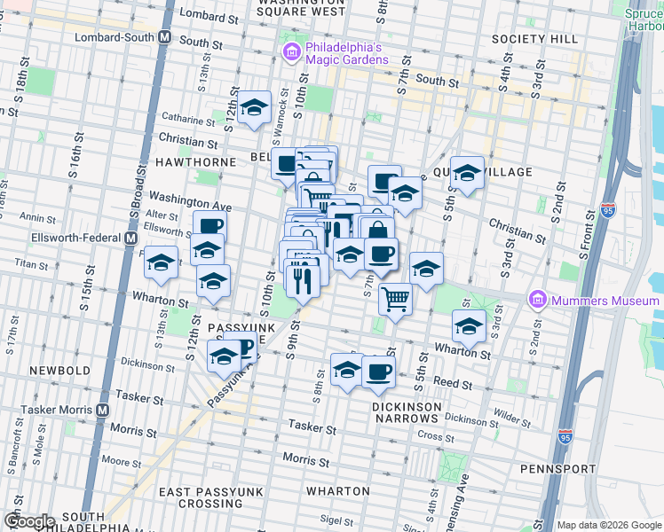 map of restaurants, bars, coffee shops, grocery stores, and more near 1151 East Passyunk Avenue in Philadelphia