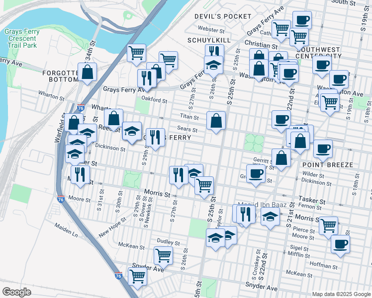 map of restaurants, bars, coffee shops, grocery stores, and more near 2652 Gerritt Street in Philadelphia