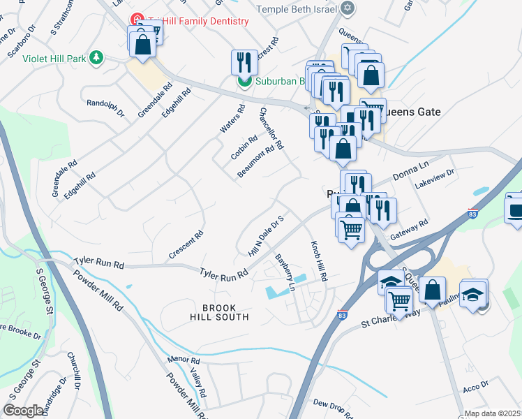map of restaurants, bars, coffee shops, grocery stores, and more near 378 Hill N Dale Drive North in York