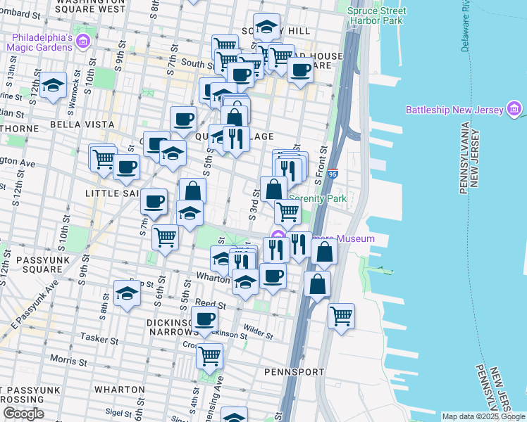 map of restaurants, bars, coffee shops, grocery stores, and more near 223 Carpenter Street in Philadelphia