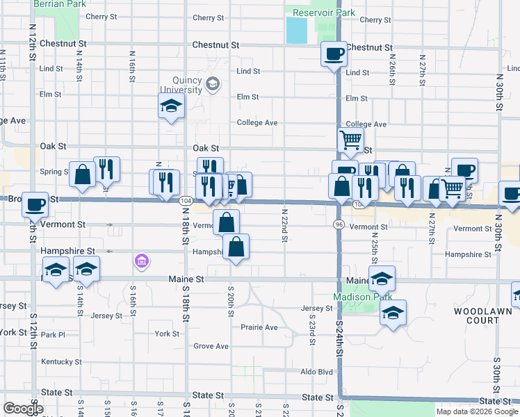 map of restaurants, bars, coffee shops, grocery stores, and more near 2037 Vermont St in Quincy