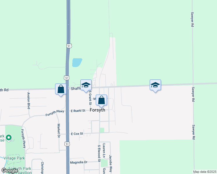 map of restaurants, bars, coffee shops, grocery stores, and more near 101 South Smith Street in Forsyth