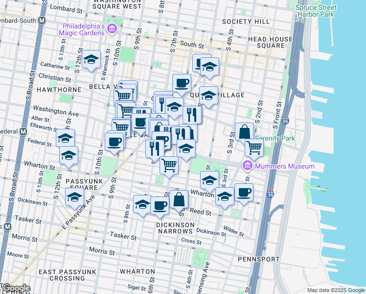 map of restaurants, bars, coffee shops, grocery stores, and more near 523 Washington Avenue in Philadelphia