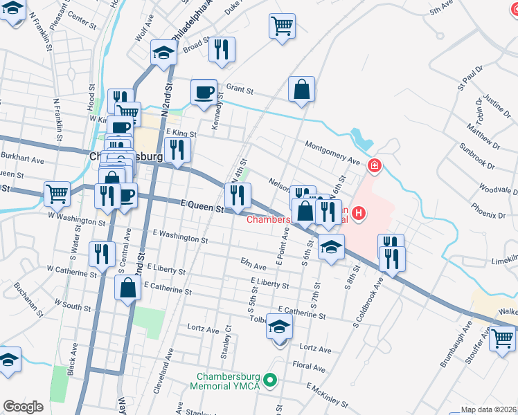 map of restaurants, bars, coffee shops, grocery stores, and more near 440 East Queen Street in Chambersburg