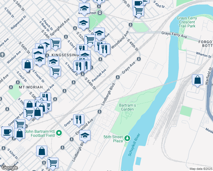 map of restaurants, bars, coffee shops, grocery stores, and more near 5305 Grays Avenue in Philadelphia