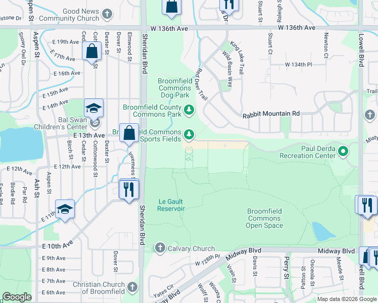 map of restaurants, bars, coffee shops, grocery stores, and more near 13200 Sheridan Boulevard in Broomfield