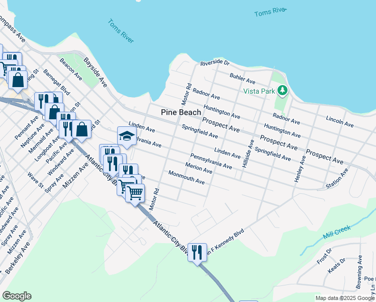 map of restaurants, bars, coffee shops, grocery stores, and more near 320 Pennsylvania Avenue in Pine Beach