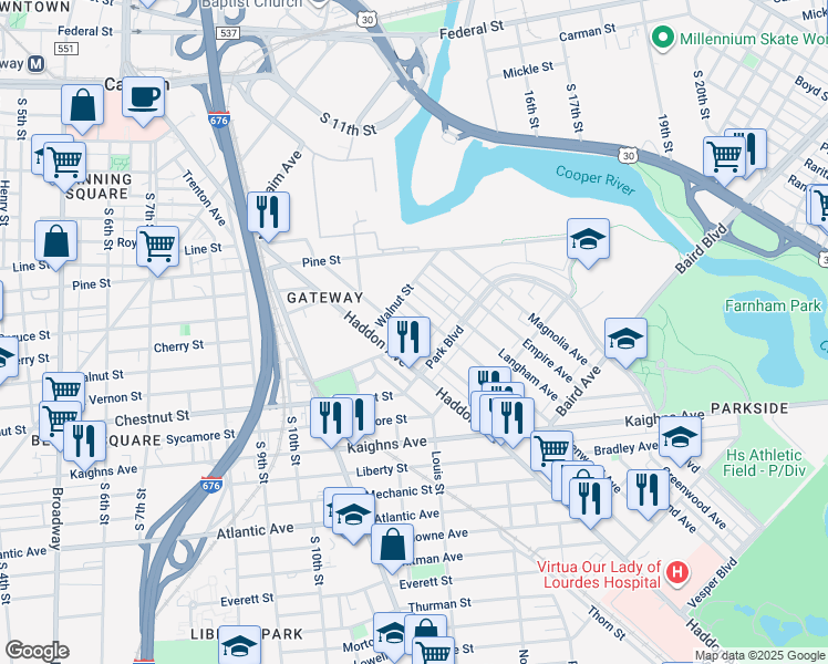 map of restaurants, bars, coffee shops, grocery stores, and more near 1044 Princess Avenue in Camden
