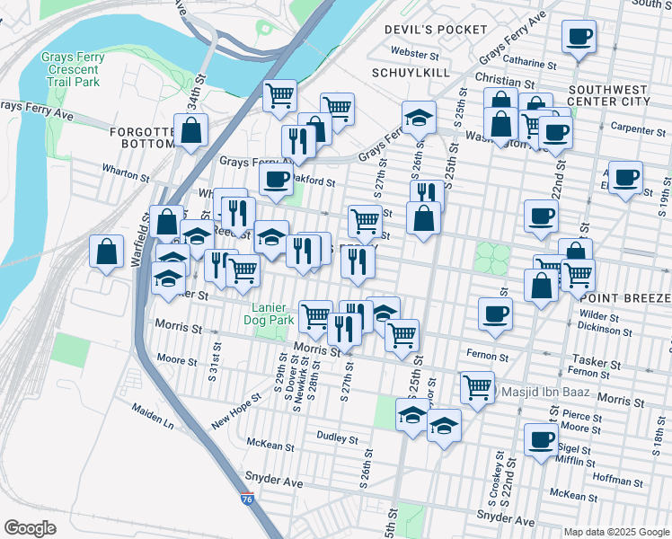 map of restaurants, bars, coffee shops, grocery stores, and more near 1433 South 28th Street in Philadelphia