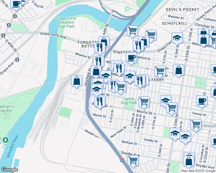 map of restaurants, bars, coffee shops, grocery stores, and more near 1508 South Patton Street in Philadelphia