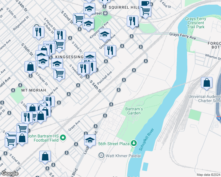 map of restaurants, bars, coffee shops, grocery stores, and more near 5312 Glenmore Avenue in Philadelphia