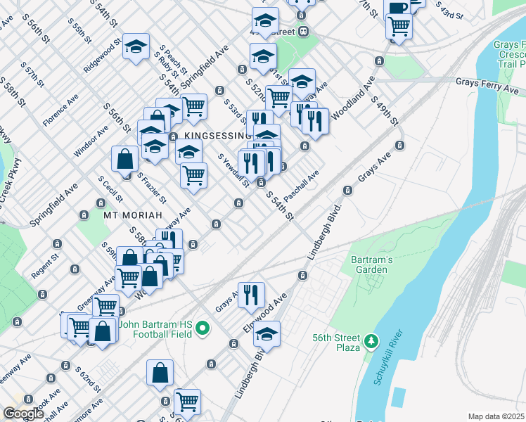 map of restaurants, bars, coffee shops, grocery stores, and more near 1841 South Conestoga Street in Philadelphia