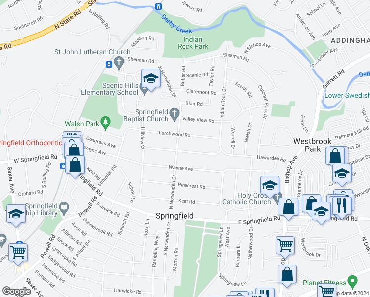 map of restaurants, bars, coffee shops, grocery stores, and more near 419 Hawarden Road in Springfield