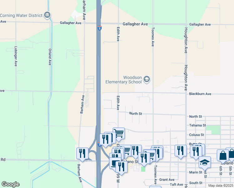 map of restaurants, bars, coffee shops, grocery stores, and more near Edith Avenue in Corning