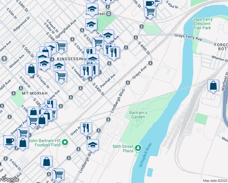 map of restaurants, bars, coffee shops, grocery stores, and more near 5312 Glenmore Avenue in Philadelphia