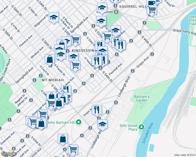 map of restaurants, bars, coffee shops, grocery stores, and more near 1824 South Conestoga Street in Philadelphia