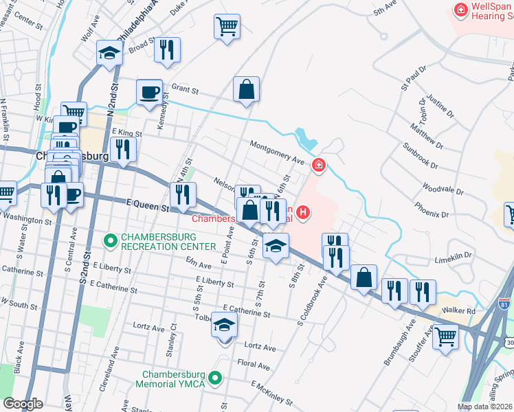 map of restaurants, bars, coffee shops, grocery stores, and more near 36 North 6th Street in Chambersburg