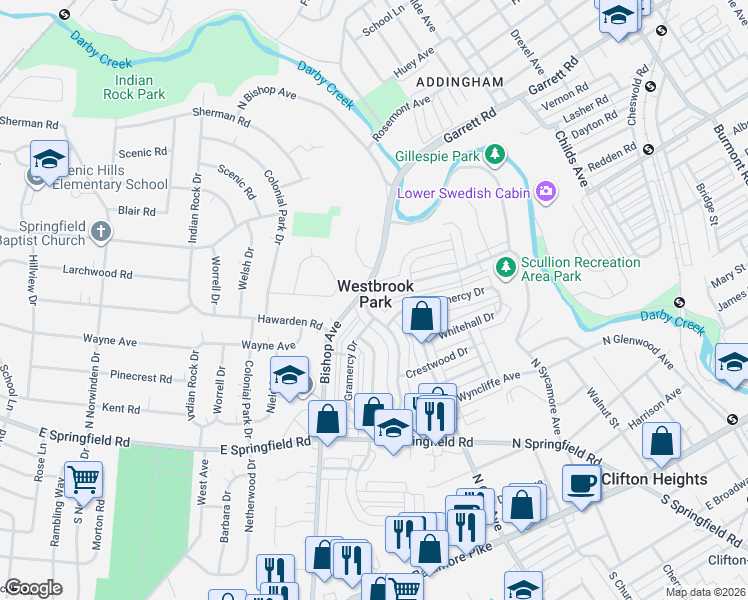 map of restaurants, bars, coffee shops, grocery stores, and more near 336 Gramercy Drive in Clifton Heights