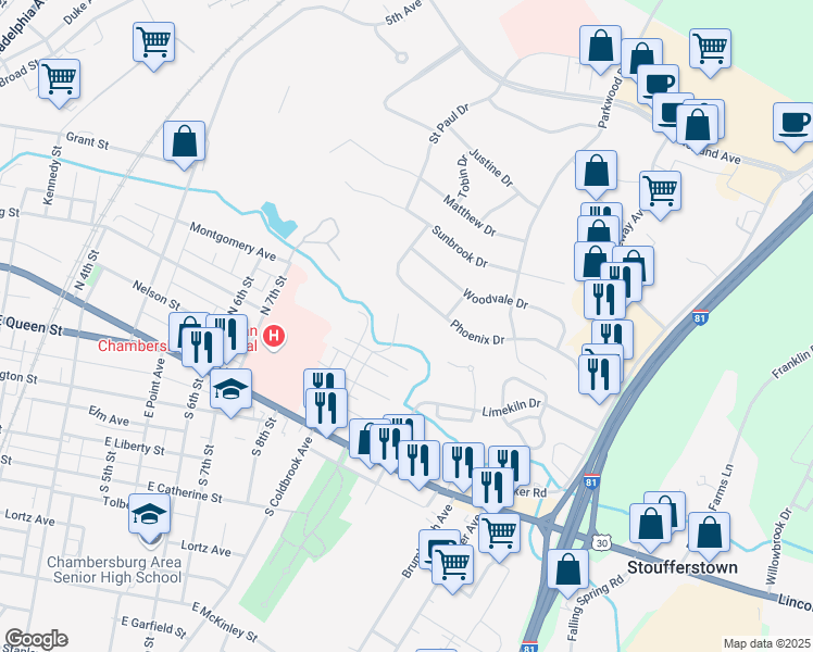 map of restaurants, bars, coffee shops, grocery stores, and more near 955 Spring Lane in Chambersburg