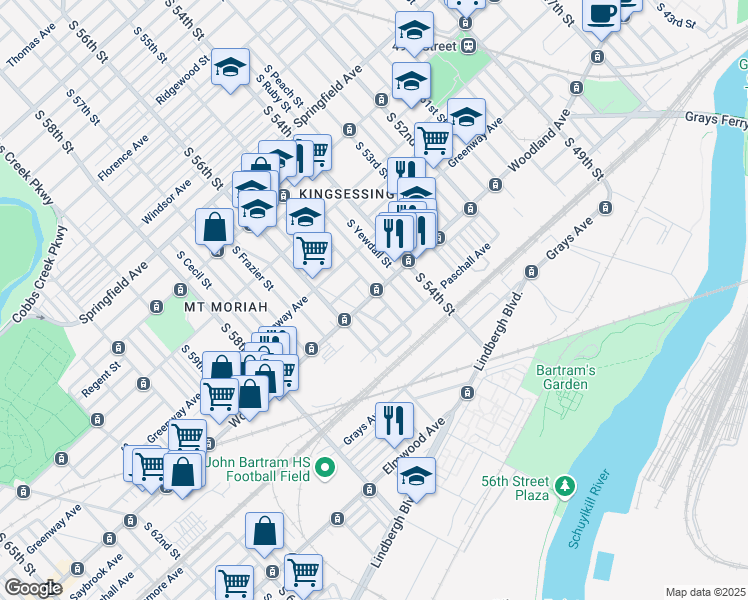 map of restaurants, bars, coffee shops, grocery stores, and more near 1800 South 55th Street in Philadelphia
