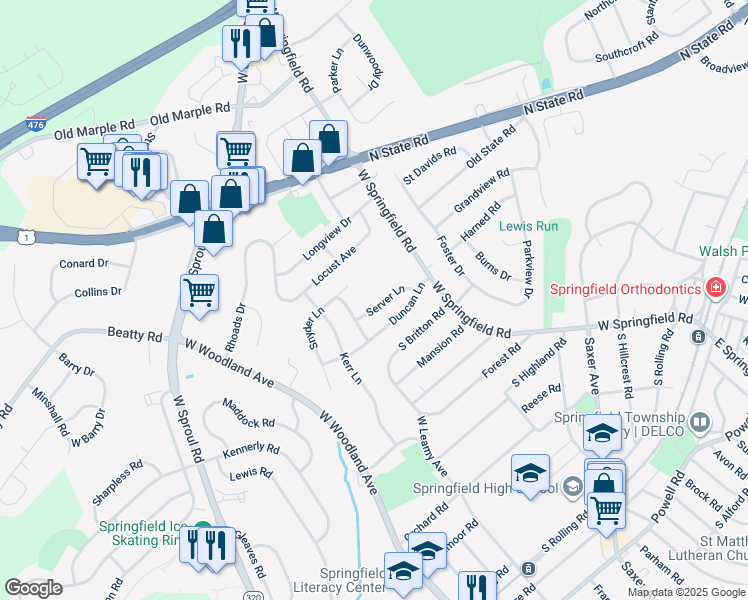 map of restaurants, bars, coffee shops, grocery stores, and more near 48 Server Lane in Springfield