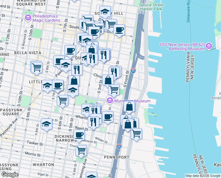 map of restaurants, bars, coffee shops, grocery stores, and more near East Moyamensing Avenue in Philadelphia