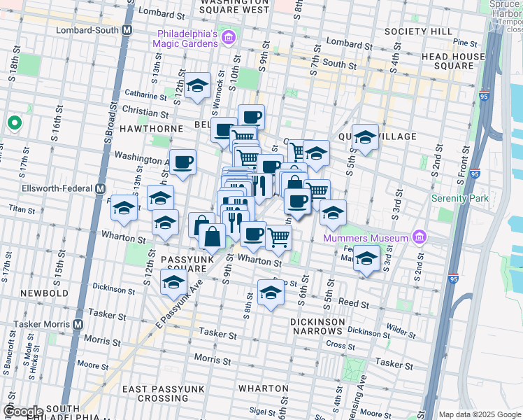 map of restaurants, bars, coffee shops, grocery stores, and more near 1122 East Passyunk Avenue in Philadelphia