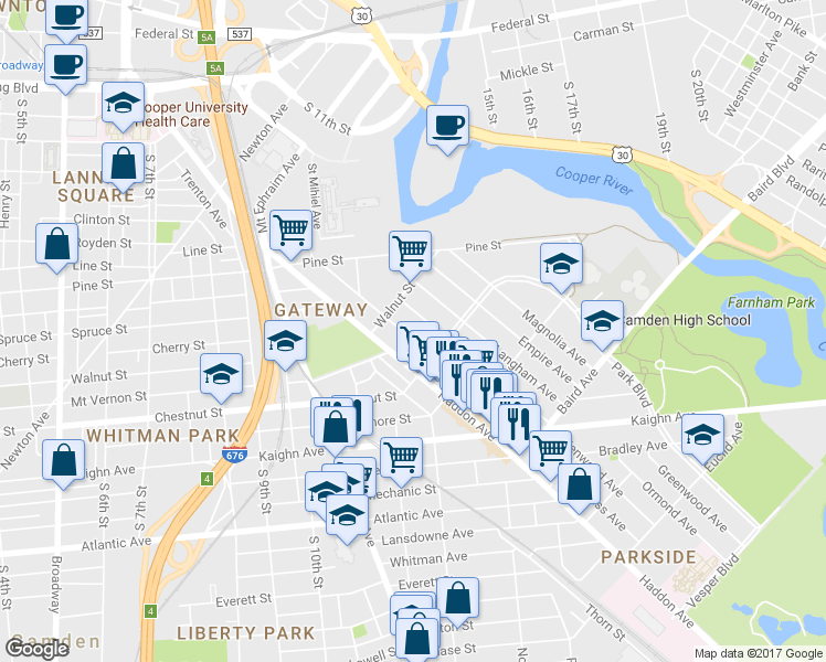 map of restaurants, bars, coffee shops, grocery stores, and more near 1044 Princess Avenue in Camden