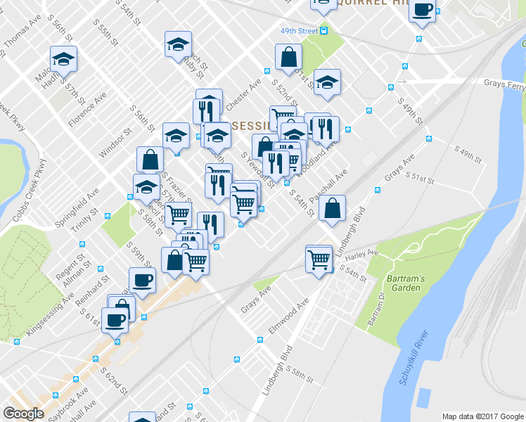 map of restaurants, bars, coffee shops, grocery stores, and more near 1800 South 55th Street in Philadelphia