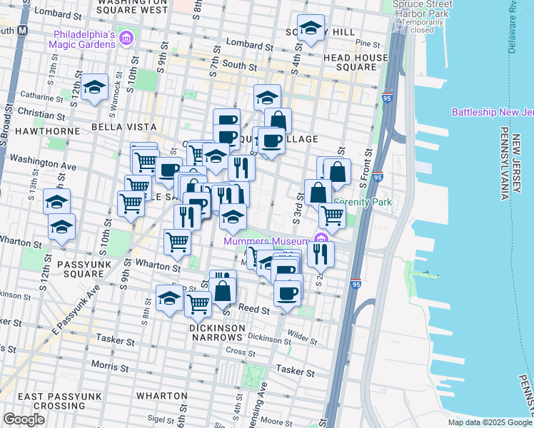 map of restaurants, bars, coffee shops, grocery stores, and more near 1002 South 4th Street in Philadelphia