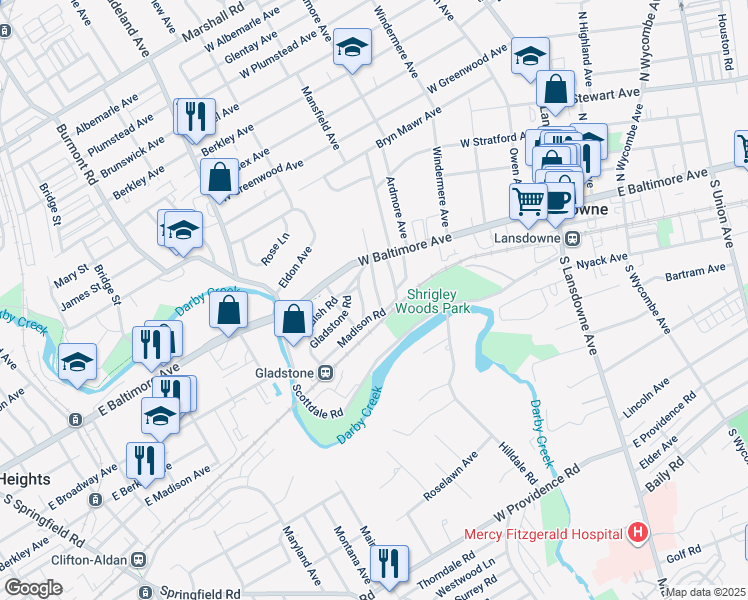 map of restaurants, bars, coffee shops, grocery stores, and more near 22 Mansfield Road in Lansdowne