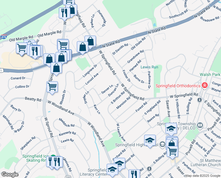 map of restaurants, bars, coffee shops, grocery stores, and more near 33 Server Lane in Springfield