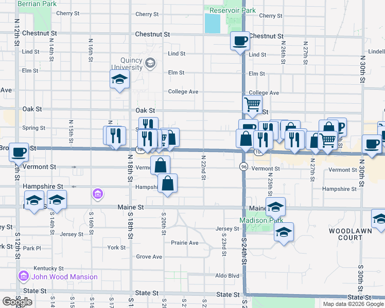 map of restaurants, bars, coffee shops, grocery stores, and more near 2071 Vermont Street in Quincy