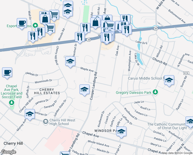 map of restaurants, bars, coffee shops, grocery stores, and more near 741 Cooper Landing Road in Cherry Hill
