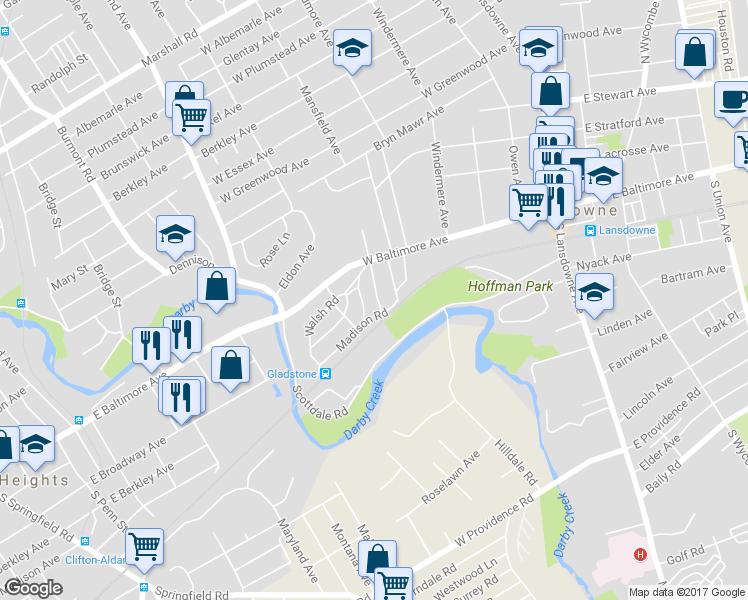 map of restaurants, bars, coffee shops, grocery stores, and more near 22 Mansfield Road in Lansdowne