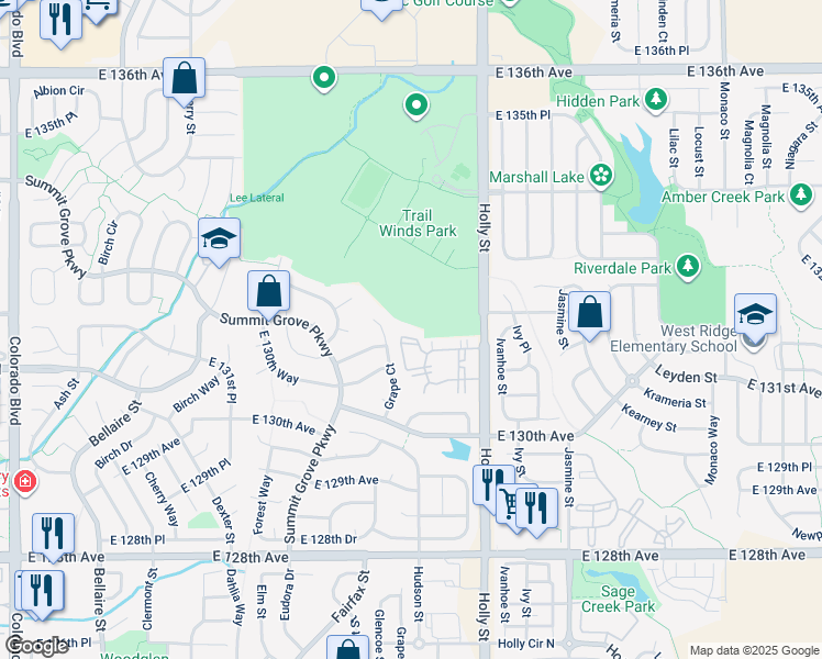 map of restaurants, bars, coffee shops, grocery stores, and more near 13251 Holly Street in Thornton