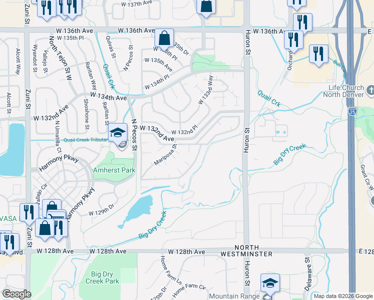 map of restaurants, bars, coffee shops, grocery stores, and more near 316 Mariposa Street in Westminster
