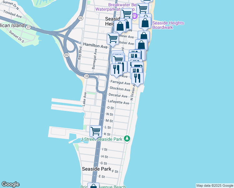 map of restaurants, bars, coffee shops, grocery stores, and more near 1600-1604 Ocean Boulevard in Seaside Park