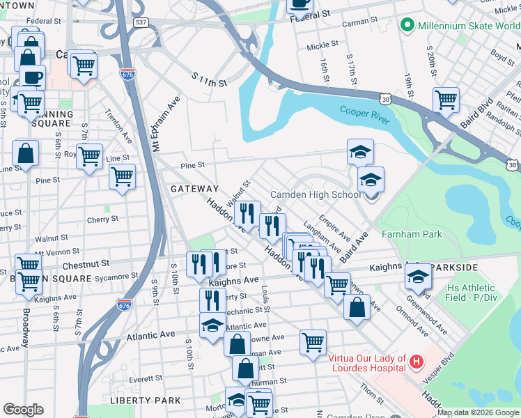 map of restaurants, bars, coffee shops, grocery stores, and more near 1275 Park Boulevard in Camden