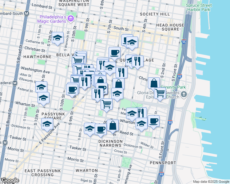 map of restaurants, bars, coffee shops, grocery stores, and more near 540 Washington Avenue in Philadelphia