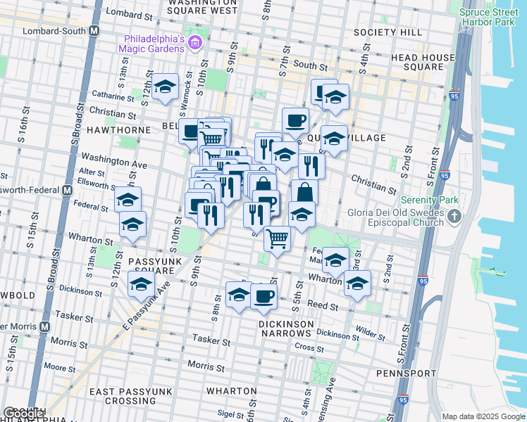 map of restaurants, bars, coffee shops, grocery stores, and more near 600 Washington Avenue in Philadelphia