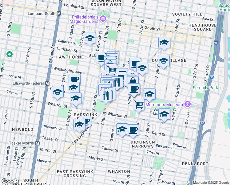 map of restaurants, bars, coffee shops, grocery stores, and more near 1151 East Passyunk Avenue in Philadelphia