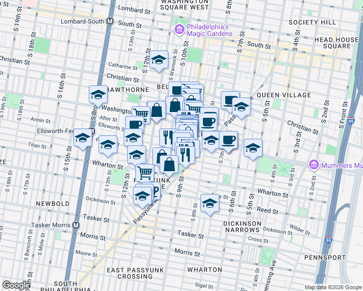 map of restaurants, bars, coffee shops, grocery stores, and more near 1166 South 9th Street in Philadelphia