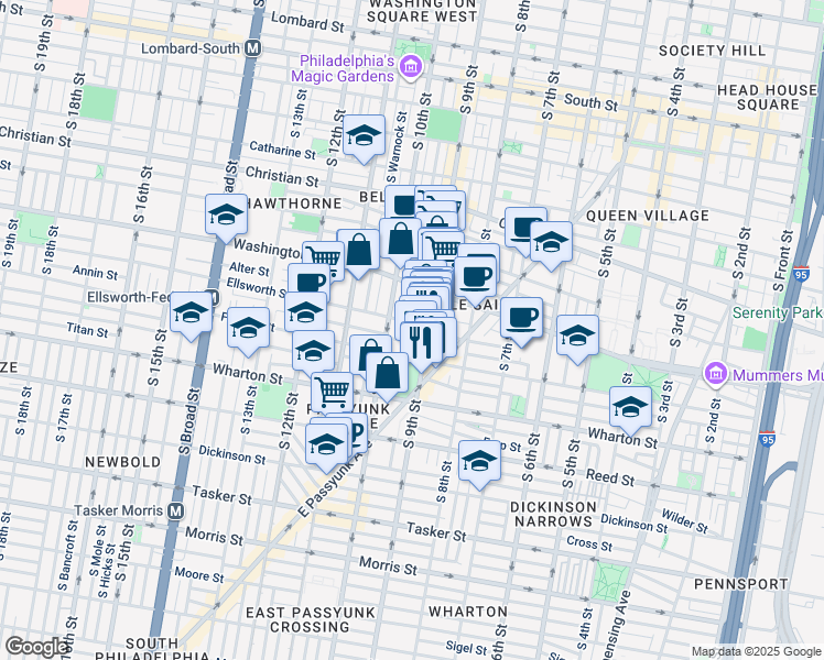 map of restaurants, bars, coffee shops, grocery stores, and more near 1166 South 9th Street in Philadelphia