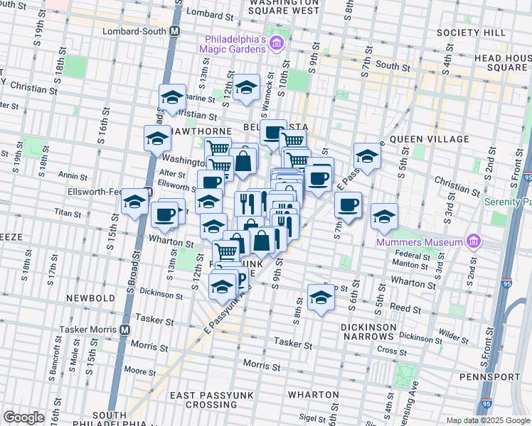 map of restaurants, bars, coffee shops, grocery stores, and more near 1200 South 10th Street in Philadelphia