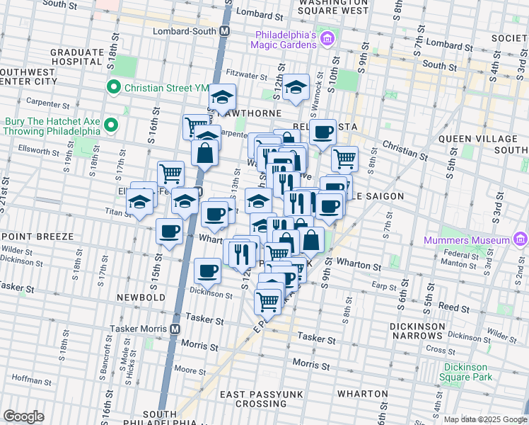map of restaurants, bars, coffee shops, grocery stores, and more near 1162 South 12th Street in Philadelphia