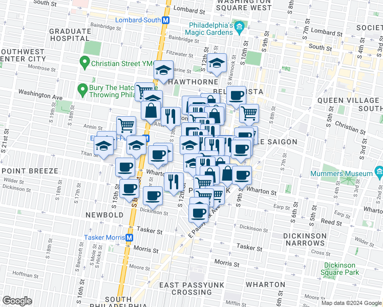 map of restaurants, bars, coffee shops, grocery stores, and more near 1162 South 12th Street in Philadelphia